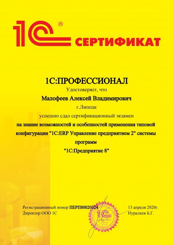 1С:Профессионал. ERP Управление предприятием 2 (специалист Малофеев Алексей Владимирович)